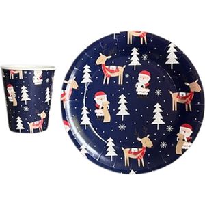 Kerst borden en bekers - 6 stuks - Karton - Blauw / Wit / Rood - Kerstman print - Ø 20 cm - 250 ml - Feest pakket