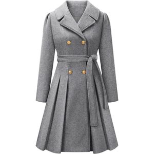 Damesmantel, winterjas, elegante wollen mantel, lange winterjas, revers, dubbele rijen, jas, knielang, trenchcoat, winter, A-lijn, jas, outwear - grijs - XL