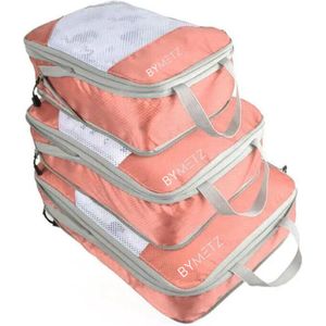 ByMetz Compressie Packing Cubes - Set van 3 - Bagage Organiser van Ademend Mesh Materiaal - Ideale Koffer Verdelers - Driedelige Packing Cube Compression Set - Pink Rose Mesh