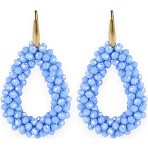 Lajetti - Iceblue Gala Druppel Oorbellen Dames - Stainless Steel Beaded Earrings - Glaskralen Blauw