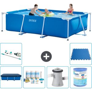 Intex Rechthoekig Frame Zwembad - 300 x 200 x 75 cm - Blauw - Inclusief Afdekzeil - Onderhoudspakket - Zwembadfilterpomp - Filter - Stofzuiger - Vloertegels