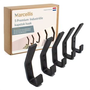 Marcellis - Ophang haak - Luxe industriële kapstok haak - hoed jas haak - 5 stuks - mat zwart - metaal - incl. bevestigingsmateriaal