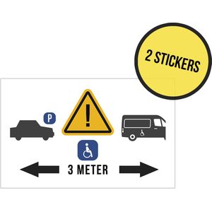 Pictogram/ stickers (2x) | Afstand houden a.u.b. - In- en uitrijden rolstoel - 3 meter | 25 x 15 cm | Gehandicapt | Invalide | Rolstoelgebruiker | Rolstoelvriendelijk | Universeel | Invaliditeit | Autosticker | Wit | 2 stuks