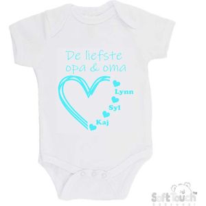 100% katoenen Romper "De liefste opa & oma met de namen van 3 kleinkinderen" Unisex Katoen Wit/aquablauw Maat 62/68