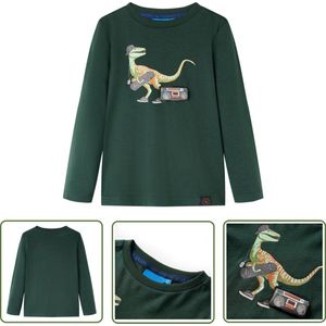 vidaXL Langmouwig - Kinderhemd - Kindershirt met lange mouwen 92 donkergroen - Groen - Dino Print - Babykleding
