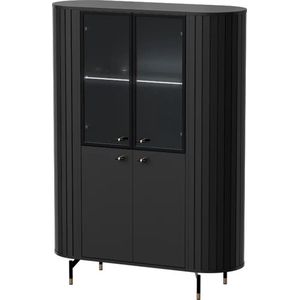 Zante 01 - staande vitrinekast - dressoir - met planken - LED - breedte 112, 3 cm hoogte 155 cm - gecanneleerde zijkanten - zwart - woonkamermeubilair - eetkamermeubilair - Maxi Maja