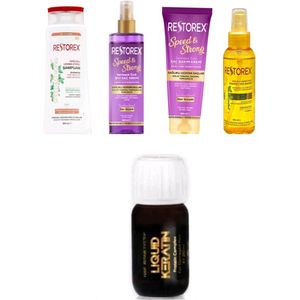 Restorex Speed ​​​​& Strong Haarverzorgingset - Shampoo voor droog haar 500ml + Haarconditioner crème 250 ml + Voeibare conditioner 200 ml + Haarverzorgingsolie 100ml - Pure Keratine Serum 20ml - Herbal shampoo - bio - haarverzorging set