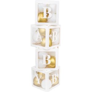 Vier doorzichtig letter ballon blokken wit met 24 ballonnen goud en wit - ballonblok - ballonbox - baby - geboorte