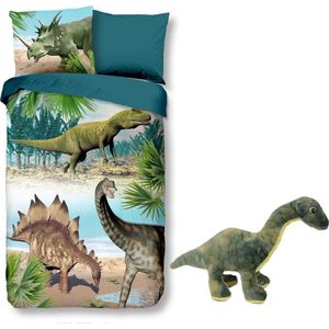 Dekbedovertrek Dino - dinosaurus - 140x200/220 cm - 100% katoen - inclusief pluche knuffel Brontosaurus 20 cm