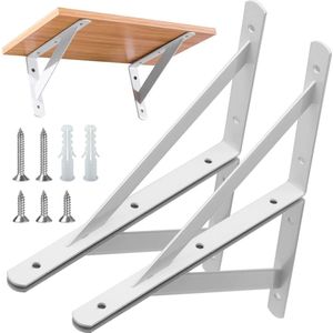 JGS ® Set van 4 plankbeugels, zware beugels, 90 graden wandhoekplankbeugels, metalen plankbeugels met schroeven, wandplankbeugels, ijzeren plankhoek voor hoekplank (300 x 190 mm), wit