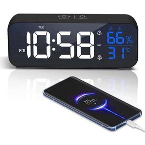 Digitale wekker met grote LED-temperatuurscherm en dubbele alarmen, USB-kabel, 6.7"" spiegelbedklok met 12/24 uur, 18 ringtones en snooze-functie