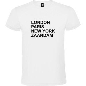 Wit t-shirt met "" London, Paris , New York, Zaandam "" print Zwart size M