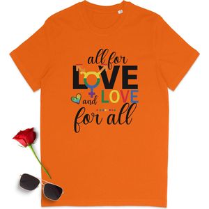 Gay Pride t shirt - Pride tshirt - All for Love - Dames tshirt met print - Heren t shirt met Pride opdruk - Unisex Pride Shirt - Unisex maten: S M L XL XXL XXXL - tshirt kleuren: Wit,  geel, oranje en rood.