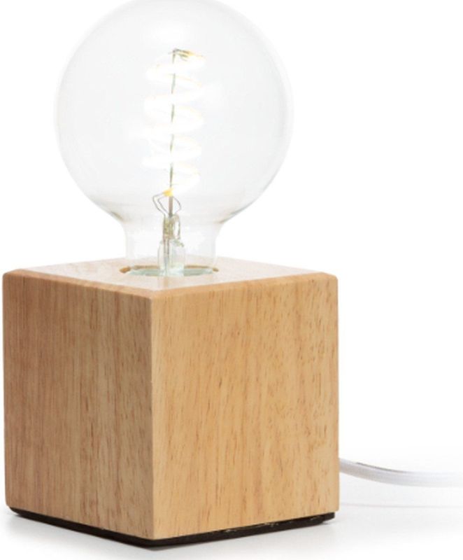 Lampvoet, kubus, kabel met schakelaar, E27, 60 W, IP20, eikenhout, 90 mm x 90 mm