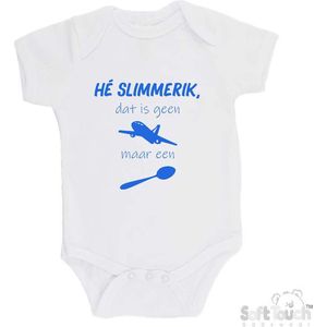 100% katoenen Romper ""He slimmerik, dat is geen vliegtuig maar een lepel"" Jongens Katoen Wit/blauw Maat 62/68