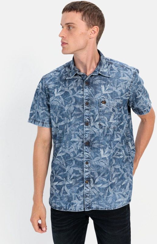 camel active - Overhemd - Denim Blauw - Korte Mouwen - Allover Print