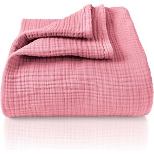 Premium mousseline sprei 150 x 200 cm - 100% katoen - extra zachte katoenen deken als knusse deken, bed throw, sofa throw, bank throw - warme bank deken (oudroze)