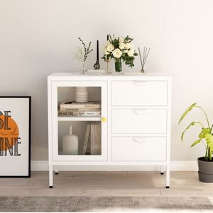 The Living Store Dressoir Staal en Gehard Glas - 75 x 35 x 70 cm - Verstelbaar schap - 3 Lades - Wit