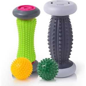 Voetroller voor plantaire fasciitis en neuropathie - voetmassageapparaat voor pijnverlichting - reflexologie tool met 2 roller en 2 massageballen - grijs massage bal voeten