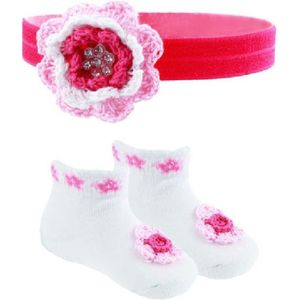 Soft Touch - Baby Geschenkset - Sokjes & Haarband - Gehaakte Bloem - 0-3 mnd - Fuchsia