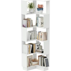 TRANKIELO® - Moderne S-vormige Hoekboekenkast, 6 etages, Ruimtebesparend Ontwerp, Ideaal Voor Woonkamer, Studiekamer, Slaapkamer of Kantoor - H 175cm (Wit) -