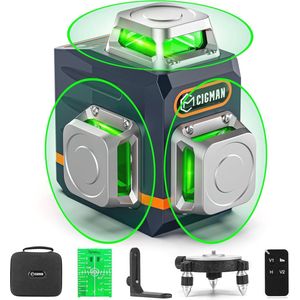 Duurzame lijnlaser met 3x360 graden kruislijnen - Groen zelfnivellerend laserwaterpas voor binnen- en buitengebruik