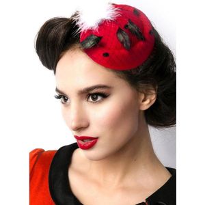 Burlesque pin up hoedje fascinator - Atixo Kostuum Hoed Mini Hat Rood - pompom wit veertjes