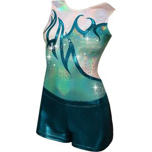 Fairysports Turnpakje Cyan maat S meisjes gympakje aqua mint zilver met zilveren steentjes