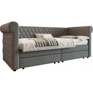 Merax Vintage Slaapbank Bed 90x200 cm – Kinderbed - Jeugdbed met 2 Opberglades en Lattenbodem - Gestoffeerd in Linnen - Grijs (Zonder Matras)