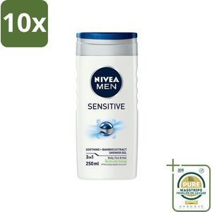 10 x Nivea - Men - Sensitive Douchegel - Hydraterend - 250 ml - Grootverpakking - Gevoelige Huid - Douchegel - Hydraterend - Huidvriendelijk - PH-huidneutraal
