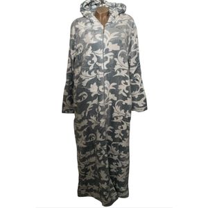 Dames Fleece Badjas extra lang 140CM met Ritssluiting en capuchon M grijs/wit