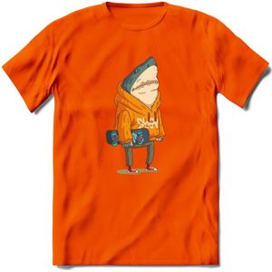 Casual skater haai T-Shirt Grappig | Dieren vissen Kleding Kado Heren / Dames | Animal Skateboard Cadeau shirt - Oranje - 3XL