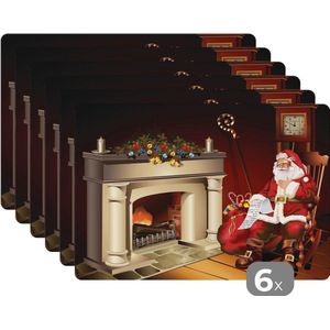 Placemat - Placemats kunststof - Een illustratie van de kerstman bij zijn open haard - 45x30 cm - 6 stuks - Hittebestendig - Anti-Slip - Onderlegger - Afneembaar