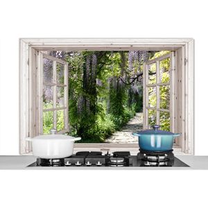 Spatscherm Keuken - Kookplaat Achterwand - Spatwand Fornuis - 120x80 cm - Blauwe regen - Bloemen - Doorkijk - Boom - Lente - Aluminium - Wanddecoratie - Muurbeschermer - Hittebestendig
