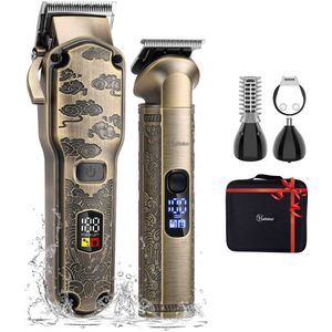 HATTEKER Tondeuse en 4-in-1 Trimmer Set – Haar- en Baardtrimmer, Precisietrimmer, Neushaartrimmer, Lichaamshaartrimmer – Opbergcase – Cadeau voor Mannen – Bronzen