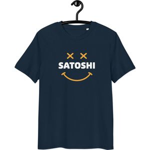 Bitcoin T-shirt - Satoshi Smiley - Unisex - 100% Biologisch Katoen - Marine Blauw - Maat S | BitPopArt | Bitcoin cadeau| Bitcoin T-shirt| Crypto T-shirt| Crypto Shirt| Bitcoin Shirt| Bitcoin Merch| Crypto Merch| Bitcoin Kleding