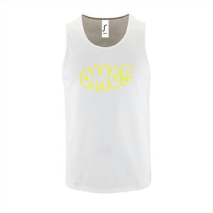 Witte Tanktop sportshirt met ""OMG!' (O my God)"" Print Neon Geel Size XXL