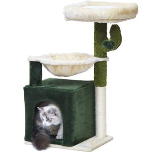 MaxxPet Krabpaal - Kattenspeeltuig Cactus - Krabton - Kattenhuis - Kattenkrabpaal 3 verdiepingen - 2 ligplekken + Kattenhuisje met extra speeltjes - 40x30x75cm - Groen