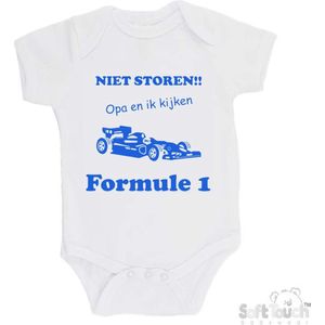 100% katoenen Romper ""Niet storen!! Opa en ik kijken Formule 1"" Jongens Katoen Wit/blauw Maat 56/62
