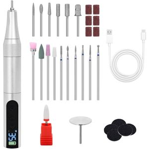 Peysaitr – Elektrische nagelvijl 35000 RPM - 18-in-1 elektrische manicureset - Draadloze gelnagelboor met LCD-scherm - Nagelboor - Manicure- en pedicureset - Oplaadbaar - Draagbaar - 18 schuurkoppen + 5 schuurschijven + 6 schuurringen - Zilver