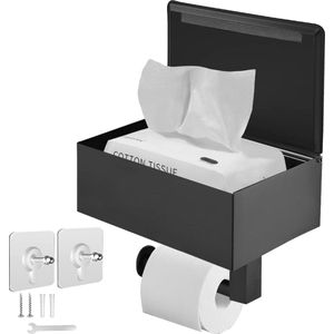 Mat Zwarte Toiletpapierhouder met Plank en Opbergruimte voor Schoonmaakdoekjes - RVS Wandhouder voor Badkamer - Praktische en Stijlvolle Toiletrolhouder met Verbergvak voor Wipes