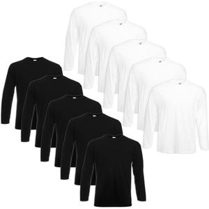 Fruit of the Loom Value Weight Longsleeve 10 stuks T-shirt Wit/Zwart XL
