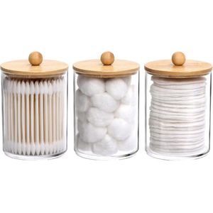 Transparante Opbergpot - 3-Delig - Met Houten Deksel - Voor Wattenbollen En Wattenstaafjes - Badkamer Organizer - Stapelbaar En Stofdicht