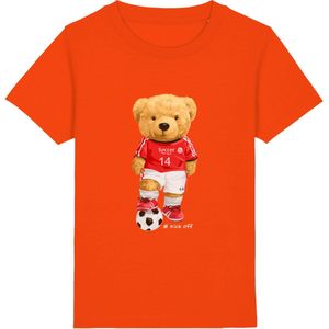 Jongens Meisjes T Shirt - Beer met Voetbal - Oranje - Maat 104