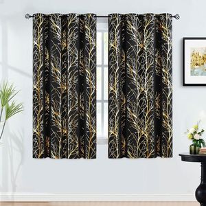 Metallic Branch Opaque Curtains, Black / Gold Foil Blackout Curtains with Eyelets, Thermal Insulated Opaque Curtains for Living Room, Bedroom (Black / Gold – 132 x 175 cm)