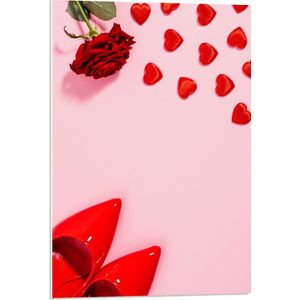 PVC Schuimplaat- Klassiek Rood Paar Hakken met Hartjes en Rode Roos op Lichtroze Achtergrond - 50x75 cm Foto op PVC Schuimplaat