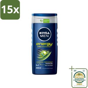 15 x Nivea - Men - Energy Douchegel - Langdurig Fris Gevoel - 250 ml - Grootverpakking - Nivea Men Energy Douchegel - 2-in-1 Douchegel - Body And Hair - Mint Extract - Energie Boost