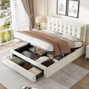 Sweiko Kussenbed 140x190cm, Met platte noedelsvoet en hoofdeinde, Opbergbed, Hydraulisch kussenbed, tweepersoonsbed, met 2-laden, houten Vlak noedelsframe, fluweel, Beige
