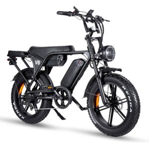 OUXI V8 Max Elektrische Fatbike - Dubbele Accu - Ingebouwd Alarmsystseem - Inclusief Achterzitje - Inclusief Voetsteuntjes - Inclusief Telefoontasje - 20 Inch - 250W Motor - 7 Versnellingen - 120 km Actieradius - Hydraulische Schijfremmen - Zwart