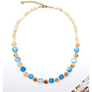 Jeannette-Creatief® - Bleu Circle Shell - Shell - Dames Ketting - Disc Schelpen - Kokos